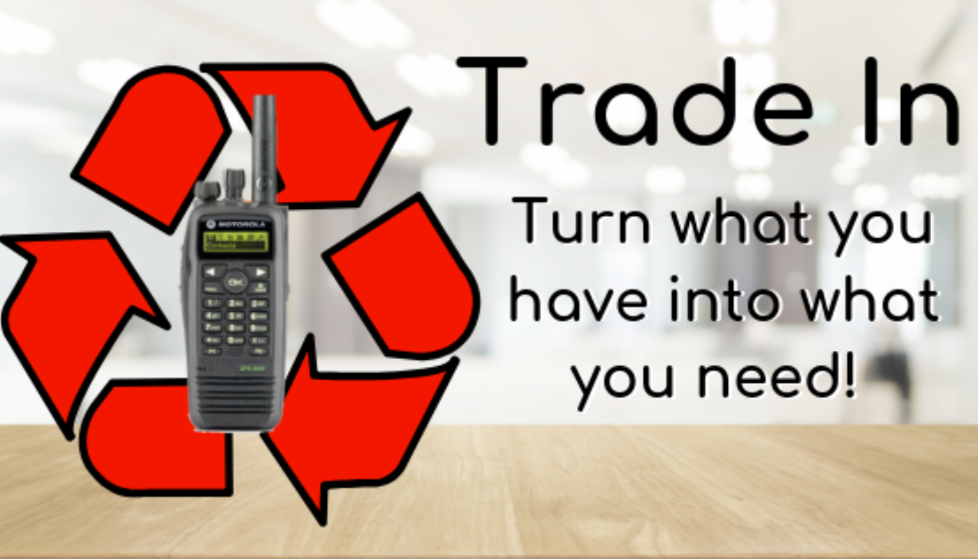 Radio exchange image with an old radio in front of a recycling symbol with text to the right saying "Trade in! Turn what you have into what you need."