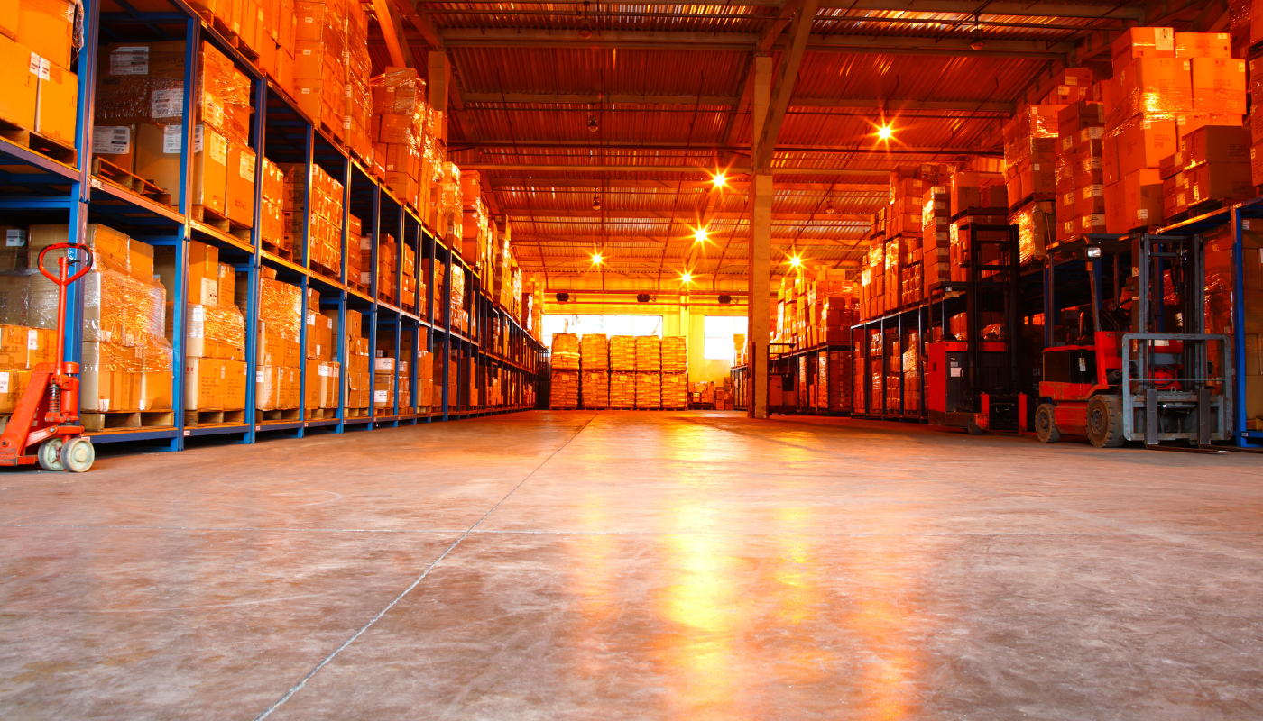 Warehouse with the sunsets colours coming in through the window with the picture being taken from the floor