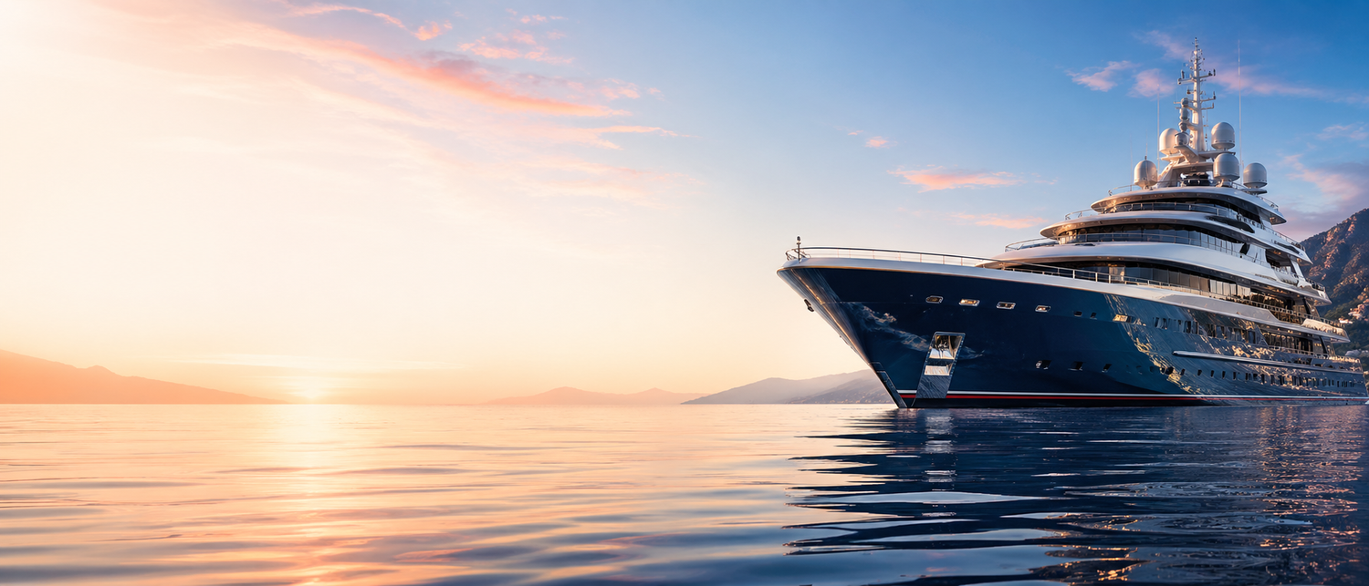 Luxury yacht on calm water with a sunset sky